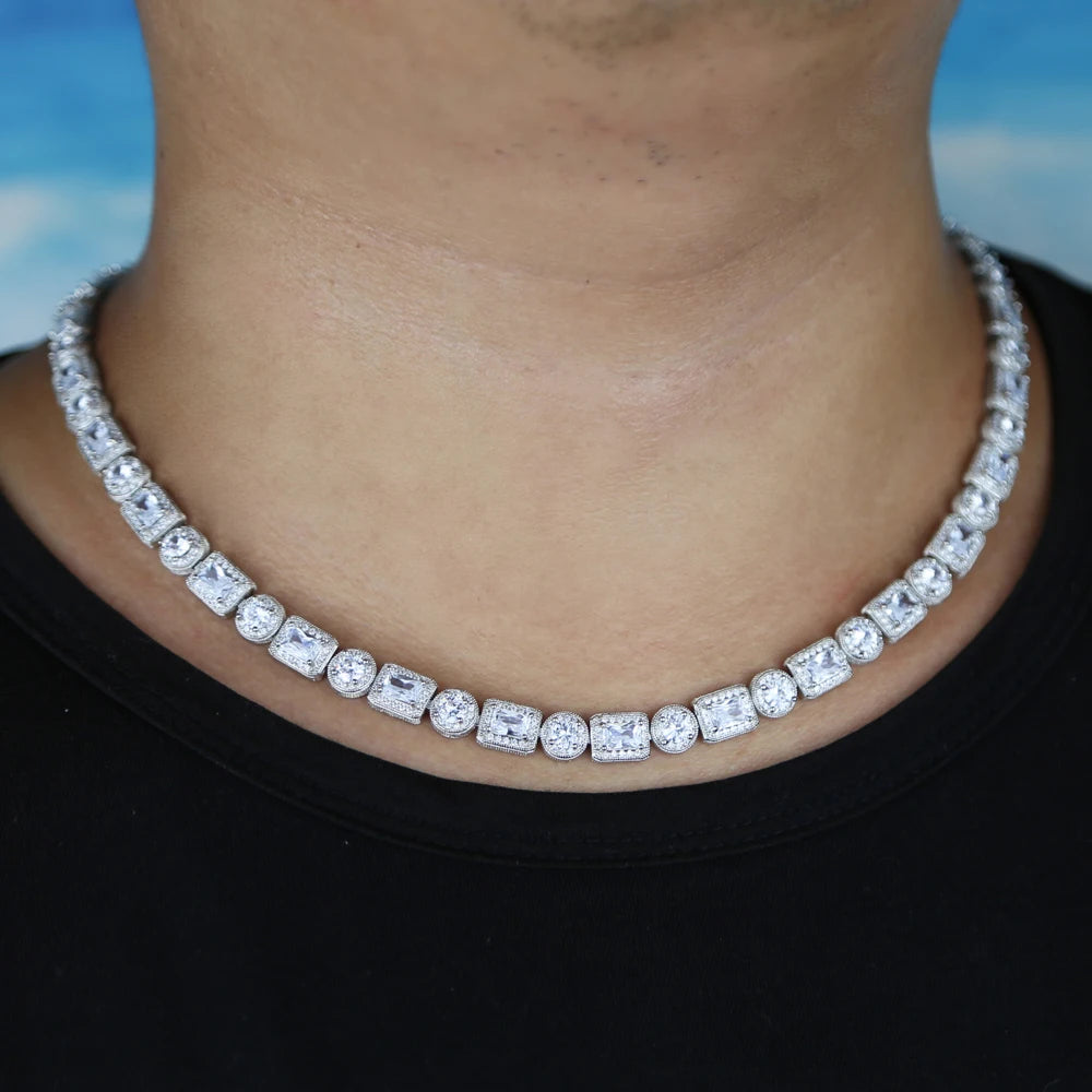 Miami Ice 8mm Emerald Cut Mix Clustered Tennis Chain - White Gold