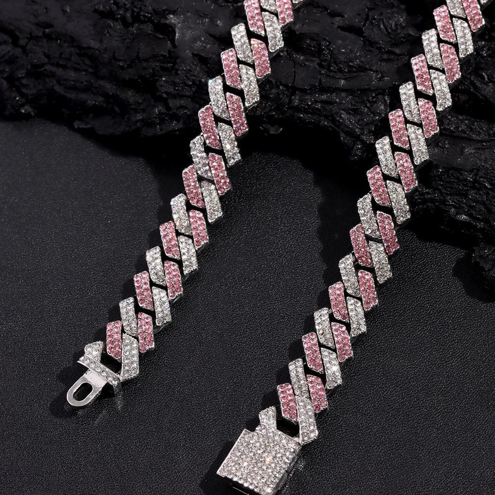 Trendy Pink Rhinestone Prong Cuban Link Chain