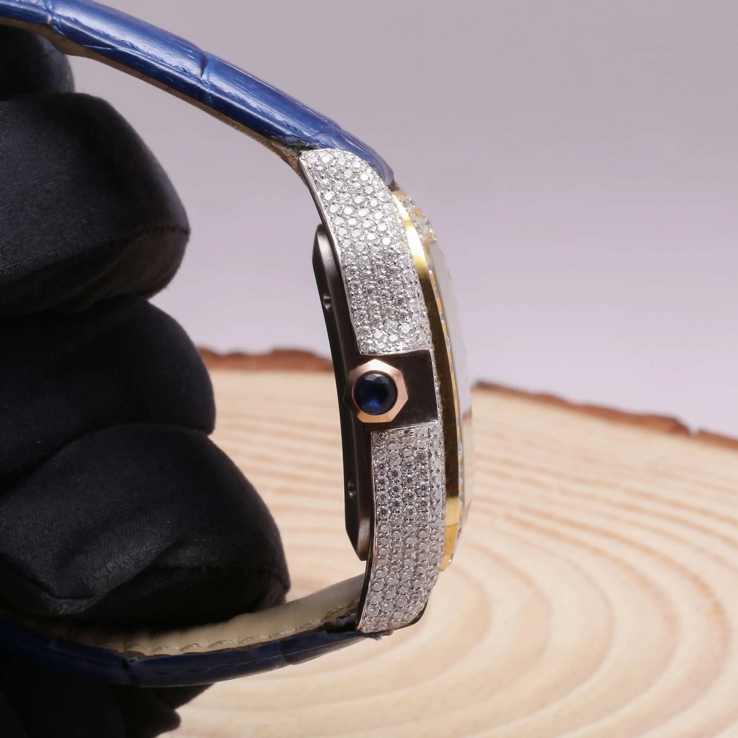 Miami Ice Moissanite Half Iced Brown Croco Leather Band Bezel 9.6ct Watch