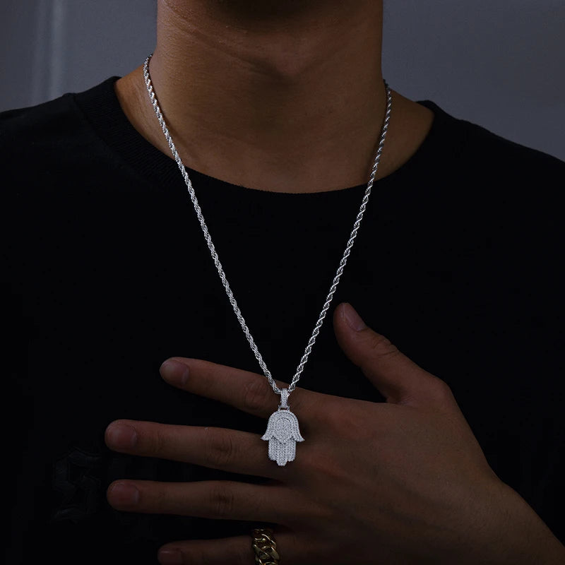 Miami Ice Moissanite Round Cut Hamsa Hand Pendant - Vermeil Gold