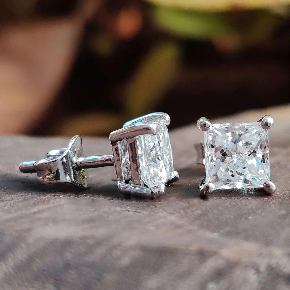 Princess Cut Moissanite Earrings - White Gold Vermeil