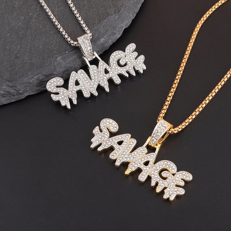 Hip Hop Ice Out Alphabet Savage Pendant Necklace