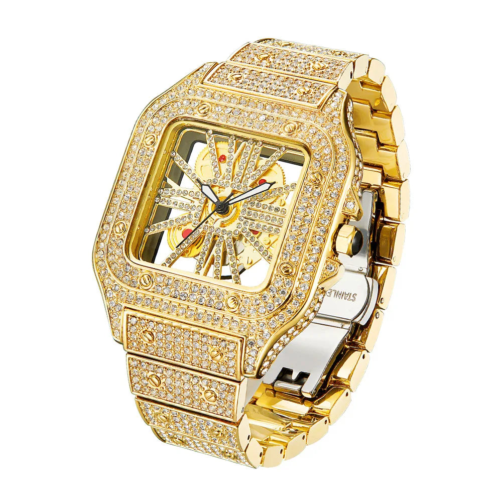 Miami Ice Skeleton Dial Watch Moissanite 19.5Ct. Two Tone Automatic