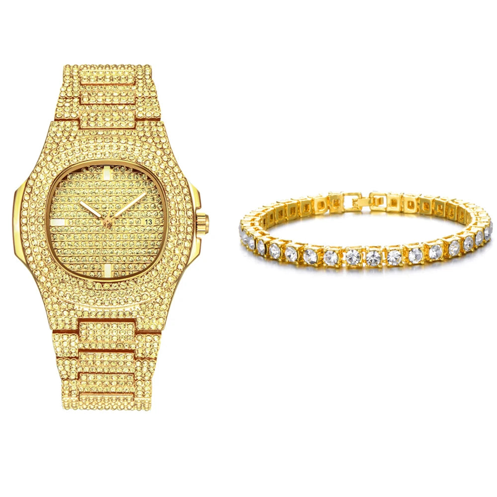 Miami Ice Men's Luxury Iced Out Watch & Bracelet Set