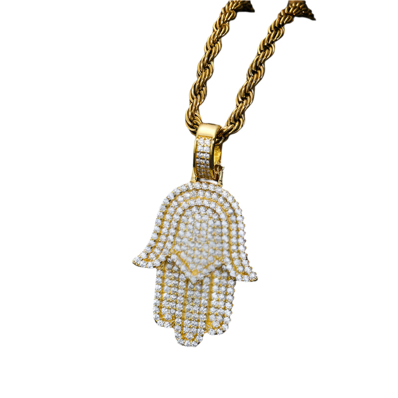 Miami Ice Moissanite Round Cut Hamsa Hand Pendant - Vermeil Gold