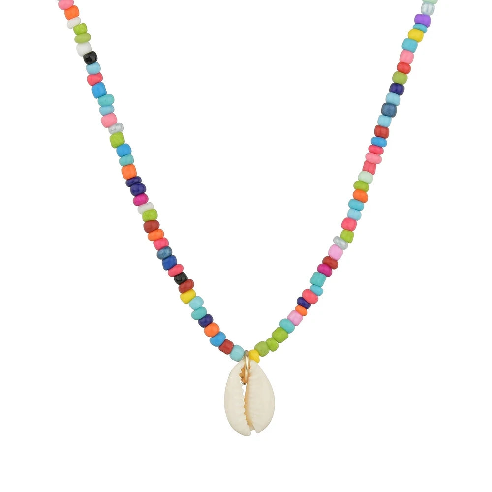 Miami Ice Colorful Beaded Shell Necklace with Handmade Braided Pearl Rice Beads - Gold