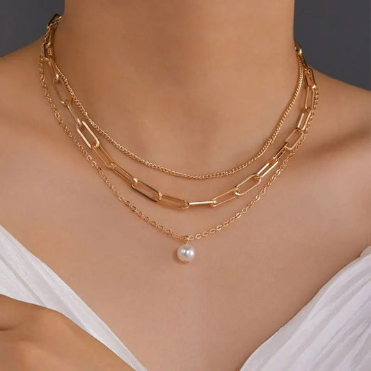 Miami Ice Pearl & Chain Necklace Set - White Gold