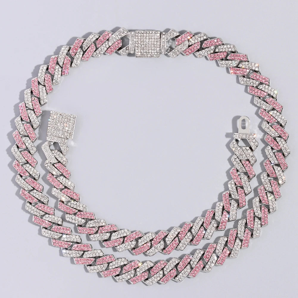 Trendy Pink Rhinestone Prong Cuban Link Chain
