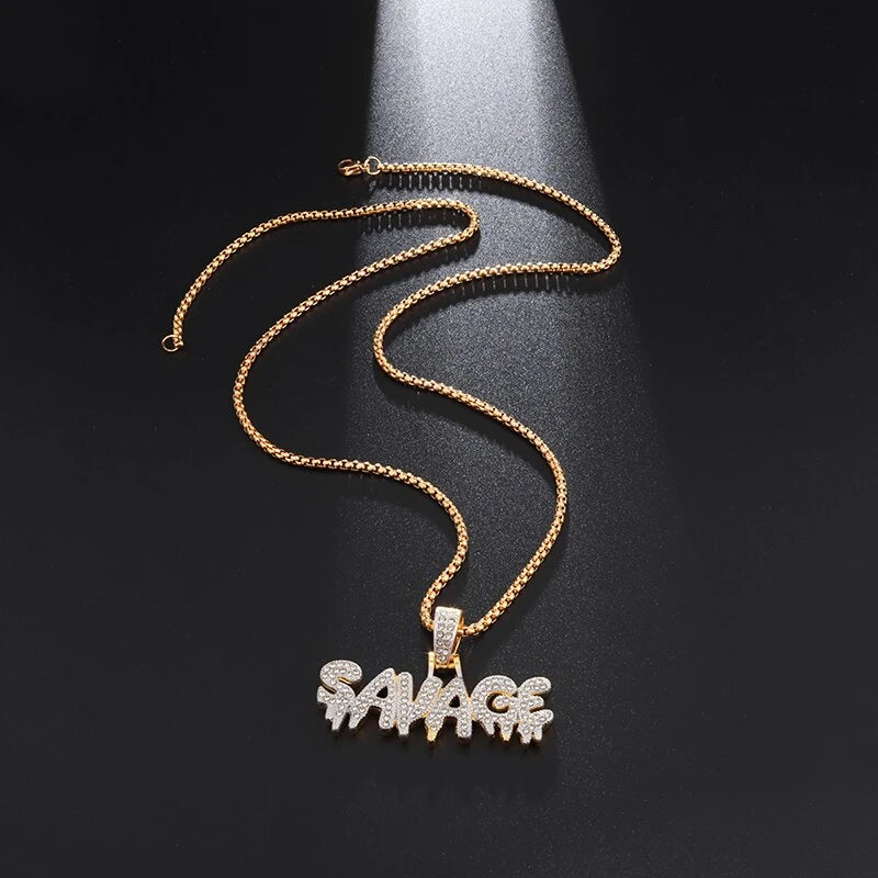 Hip Hop Ice Out Alphabet Savage Pendant Necklace