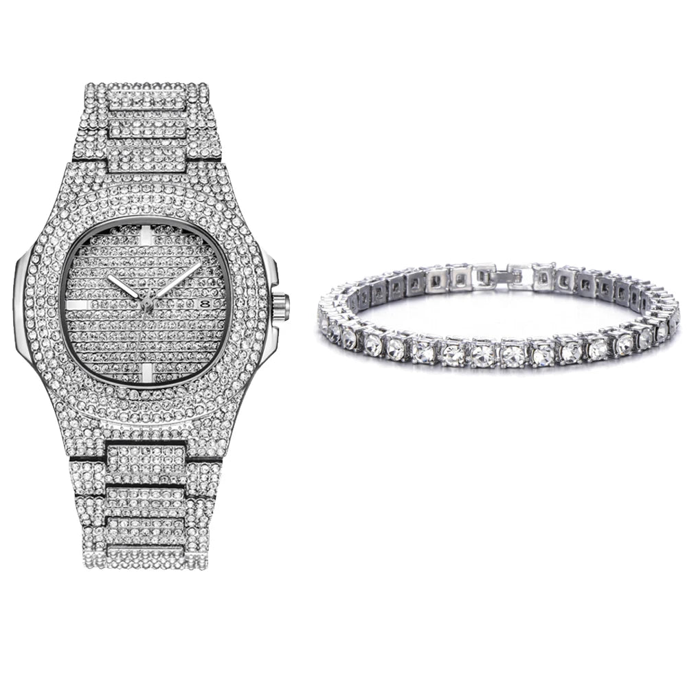 Miami Ice Men's Luxury Iced Out Watch & Bracelet Set