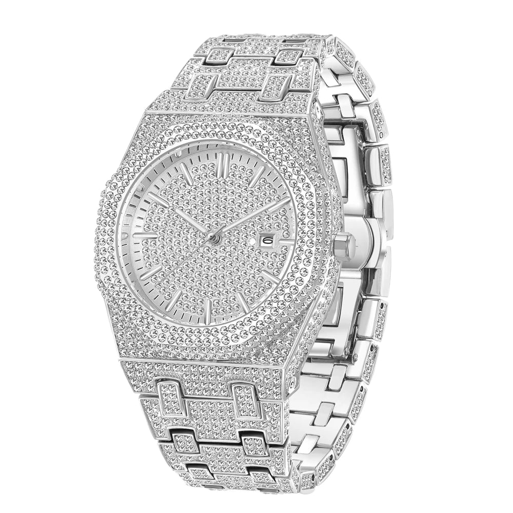 Miami Ice Moissanite Diamond Bezel White Gold Tone Watch