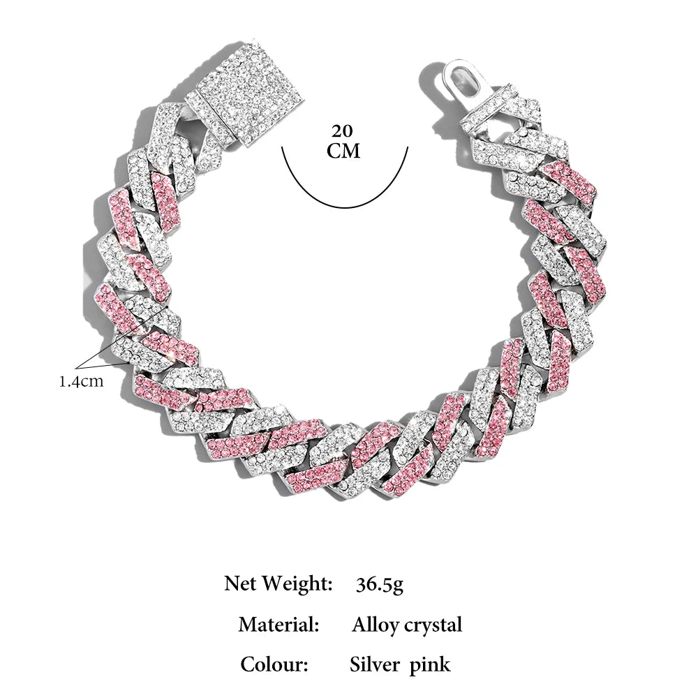 Trendy Pink Rhinestone Prong Cuban Link Chain