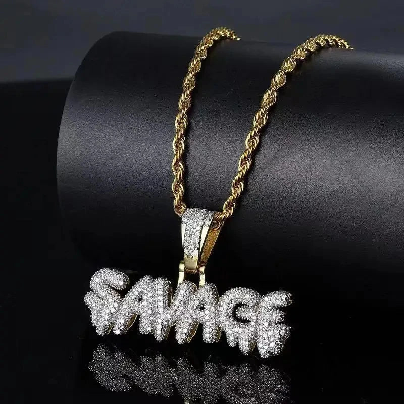 Hip Hop Ice Out Alphabet Savage Pendant Necklace