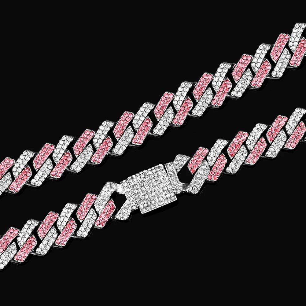 Trendy Pink Rhinestone Prong Cuban Link Chain