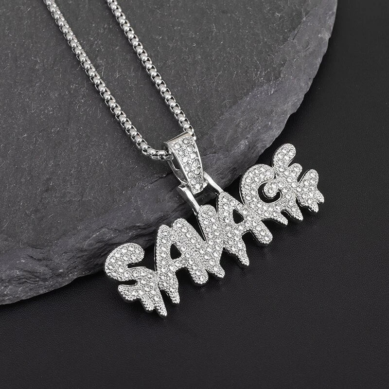 Hip Hop Ice Out Alphabet Savage Pendant Necklace