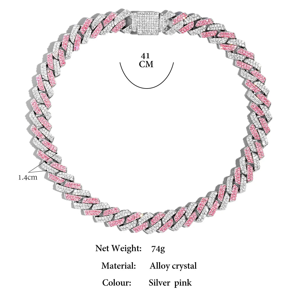 Trendy Pink Rhinestone Prong Cuban Link Chain
