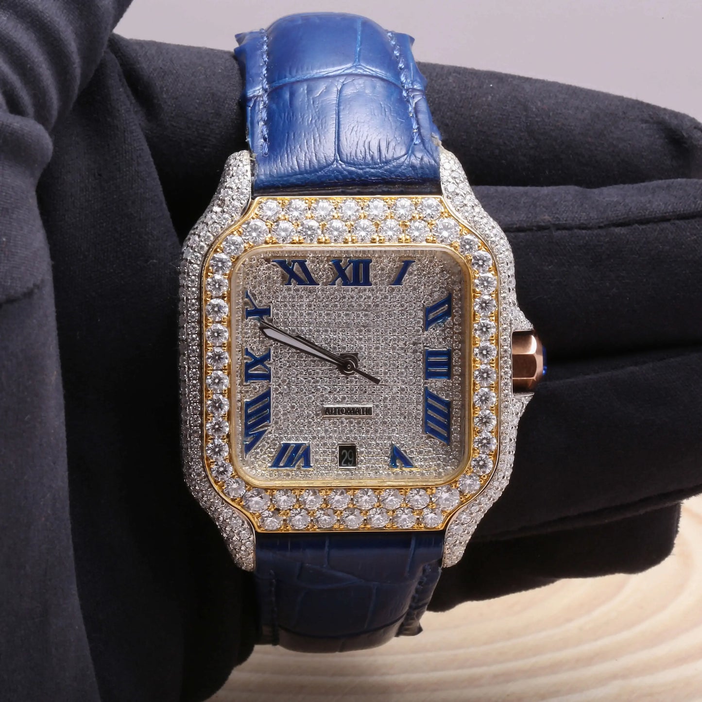 Miami Ice Moissanite Half Iced Brown Croco Leather Band Bezel 9.6ct Watch