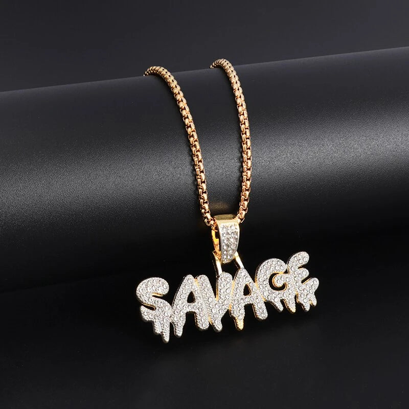 Hip Hop Ice Out Alphabet Savage Pendant Necklace