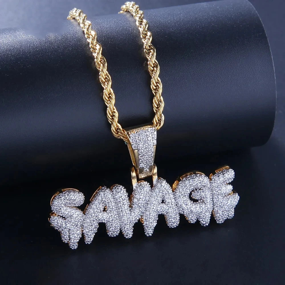 Hip Hop Ice Out Alphabet Savage Pendant Necklace