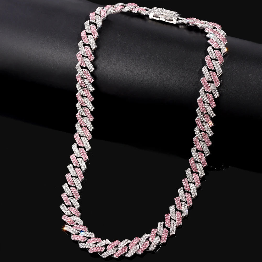 Trendy Pink Rhinestone Prong Cuban Link Chain