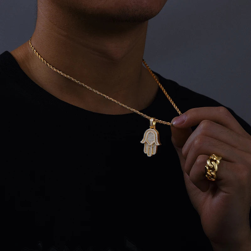 Miami Ice Moissanite Round Cut Hamsa Hand Pendant - Vermeil Gold