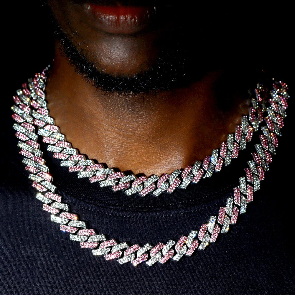 Trendy Pink Rhinestone Prong Cuban Link Chain
