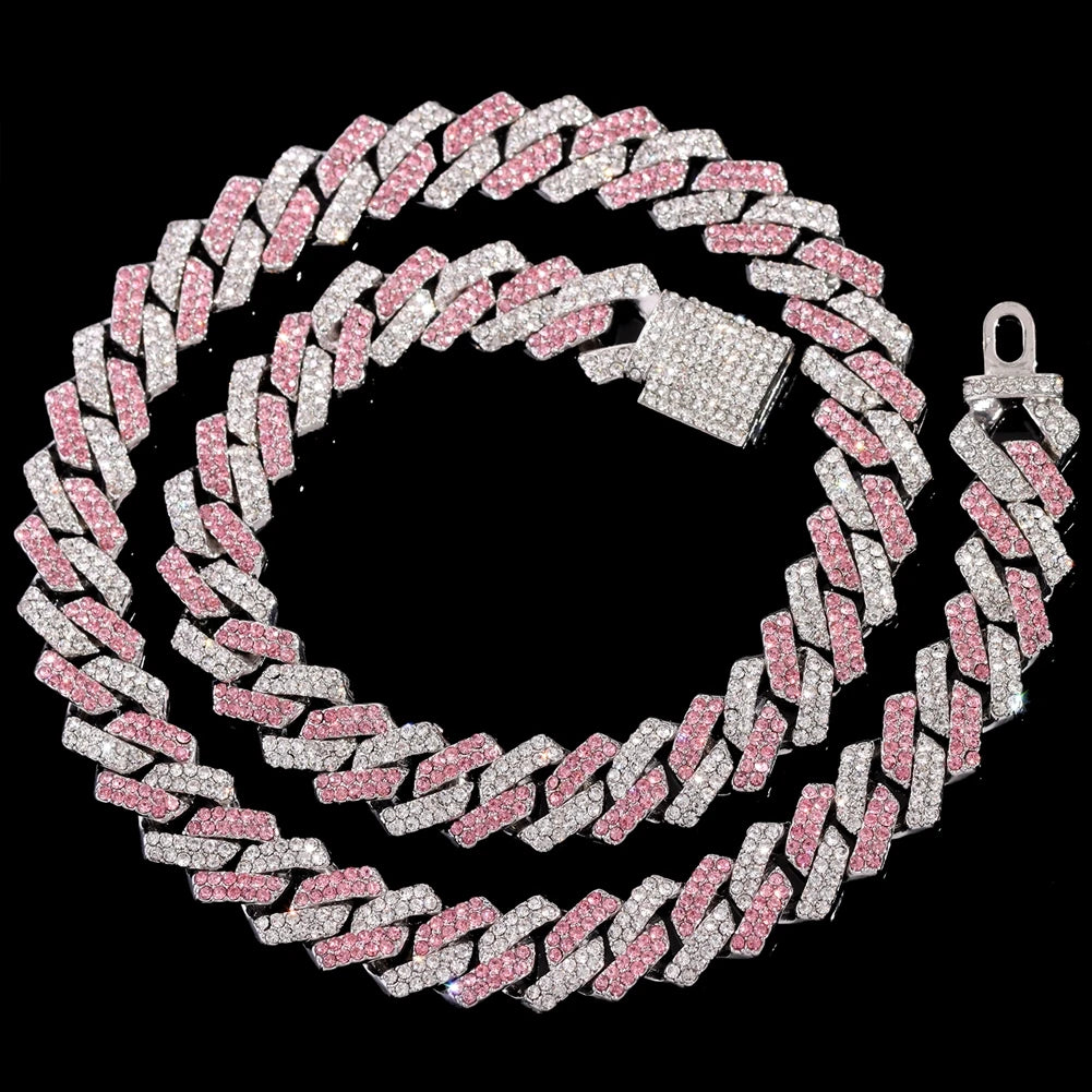 Trendy Pink Rhinestone Prong Cuban Link Chain
