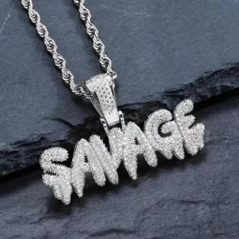 Hip Hop Ice Out Alphabet Savage Pendant Necklace