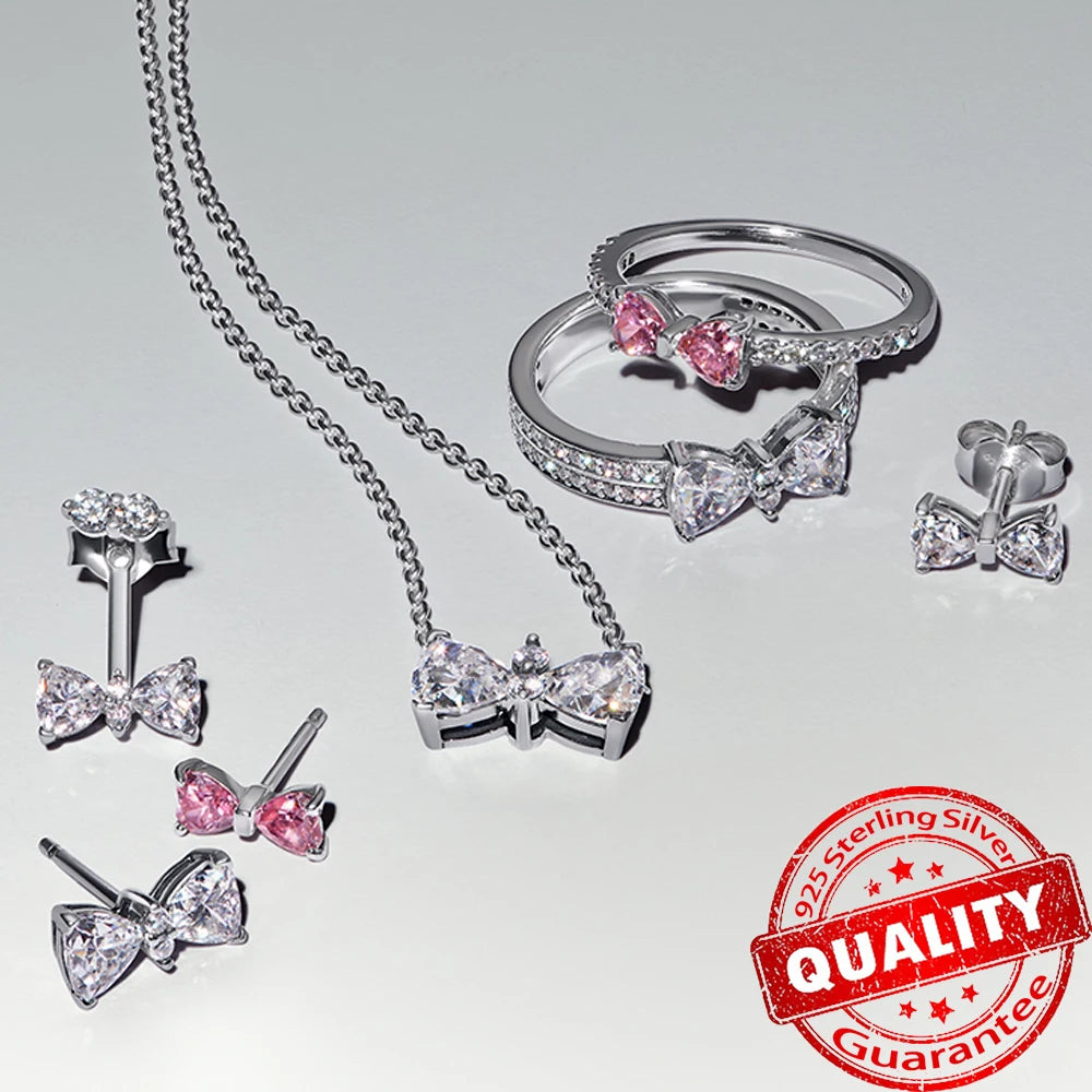 Silver Pink Bow Stud Earrings