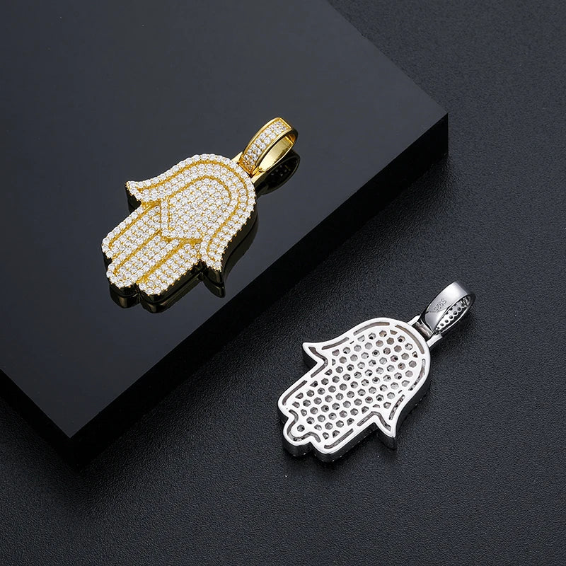 Miami Ice Moissanite Round Cut Hamsa Hand Pendant - Vermeil Gold