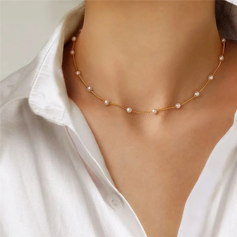Miami Ice Pearl & Chain Necklace Set - White Gold