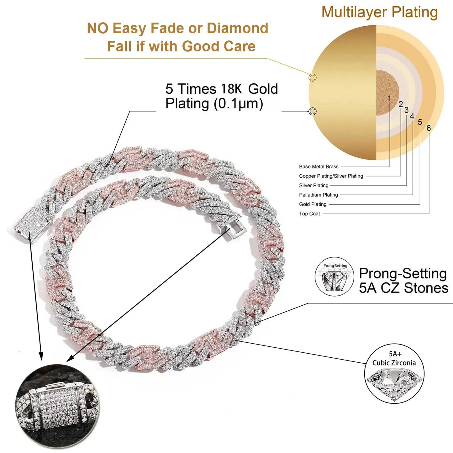 Miami Ice 15mm Prong Baguette Cuff Chain - Two Tone