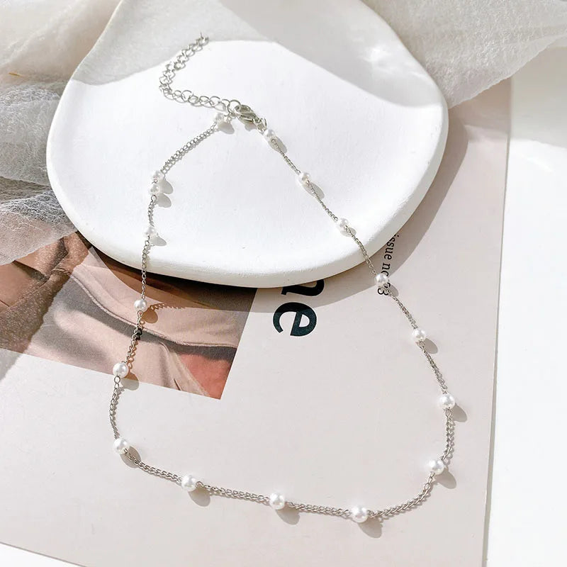 Miami Ice Pearl & Chain Necklace Set - White Gold
