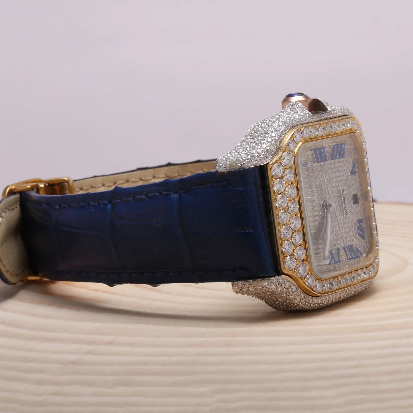 Miami Ice Moissanite Half Iced Brown Croco Leather Band Bezel 9.6ct Watch