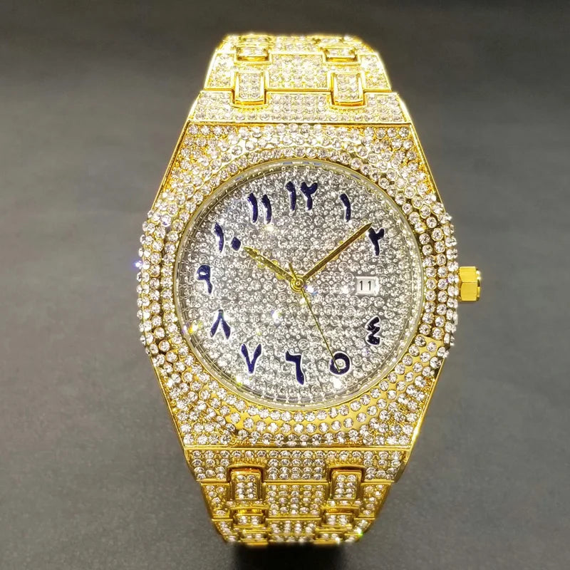 Miami Ice New Arab Number Luxury Diamond Bling Quartz Watch for Men