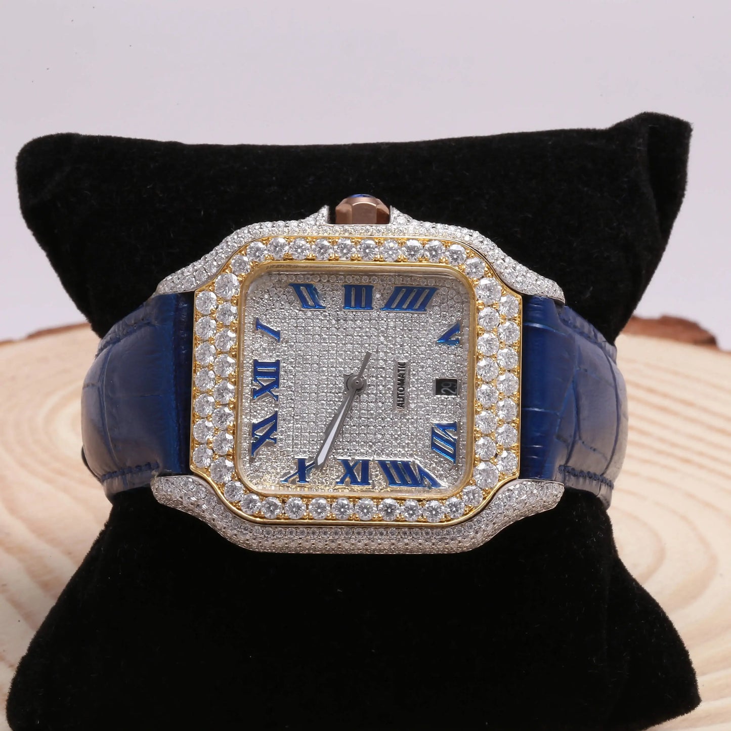 Miami Ice Moissanite Half Iced Brown Croco Leather Band Bezel 9.6ct Watch