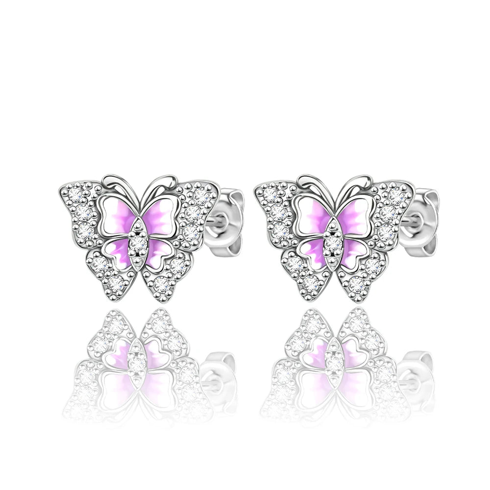 Silver Pink Bow Stud Earrings