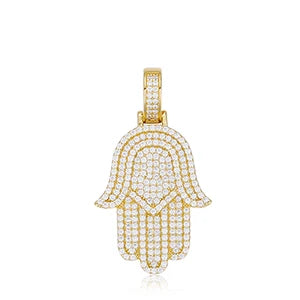 Miami Ice Moissanite Round Cut Hamsa Hand Pendant - Vermeil Gold
