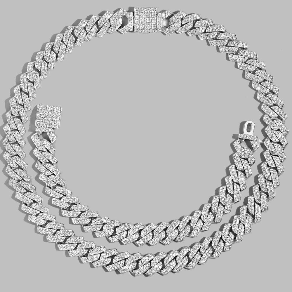 Trendy Pink Rhinestone Prong Cuban Link Chain