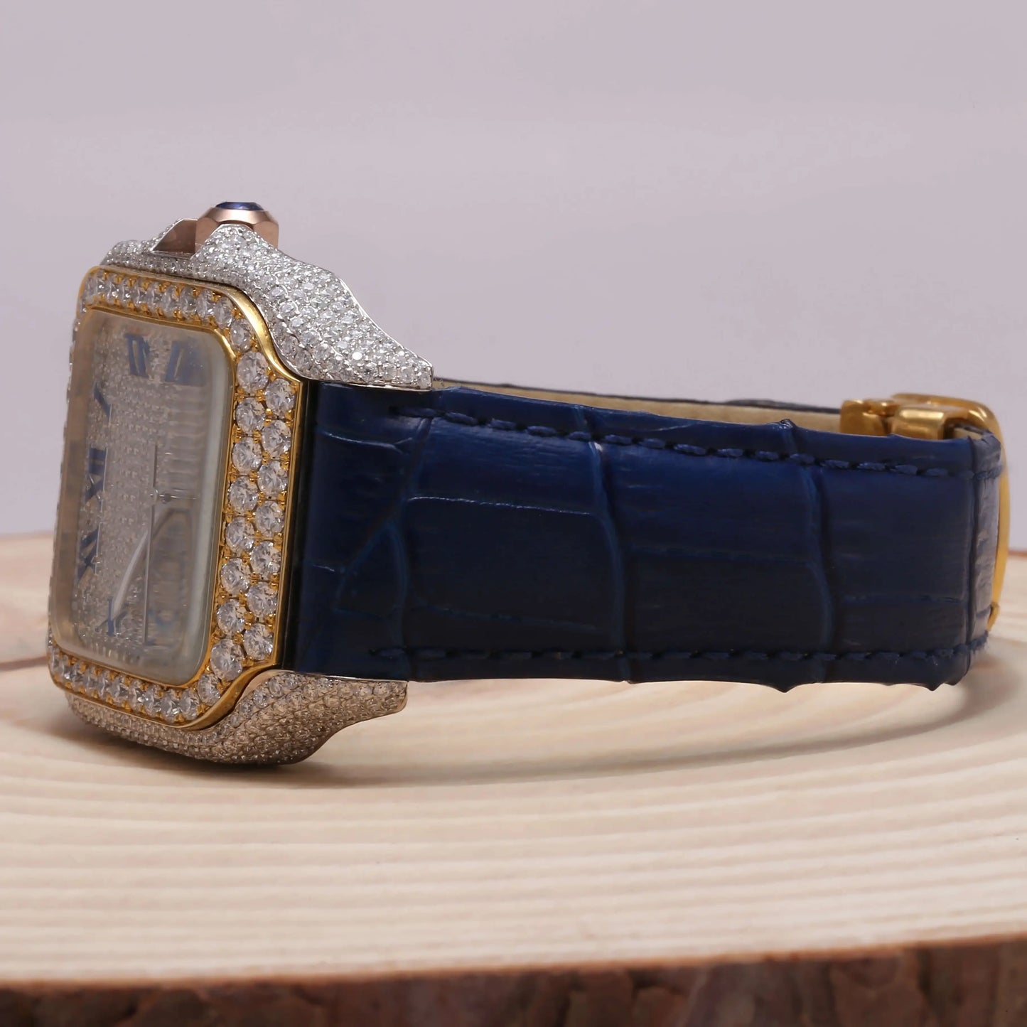 Miami Ice Moissanite Half Iced Brown Croco Leather Band Bezel 9.6ct Watch