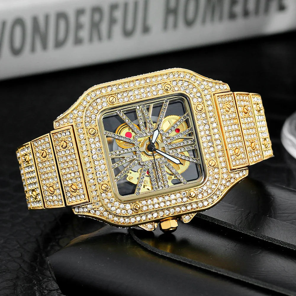 Miami Ice Skeleton Dial Watch Moissanite 19.5Ct. Two Tone Automatic