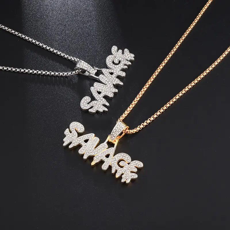 Hip Hop Ice Out Alphabet Savage Pendant Necklace