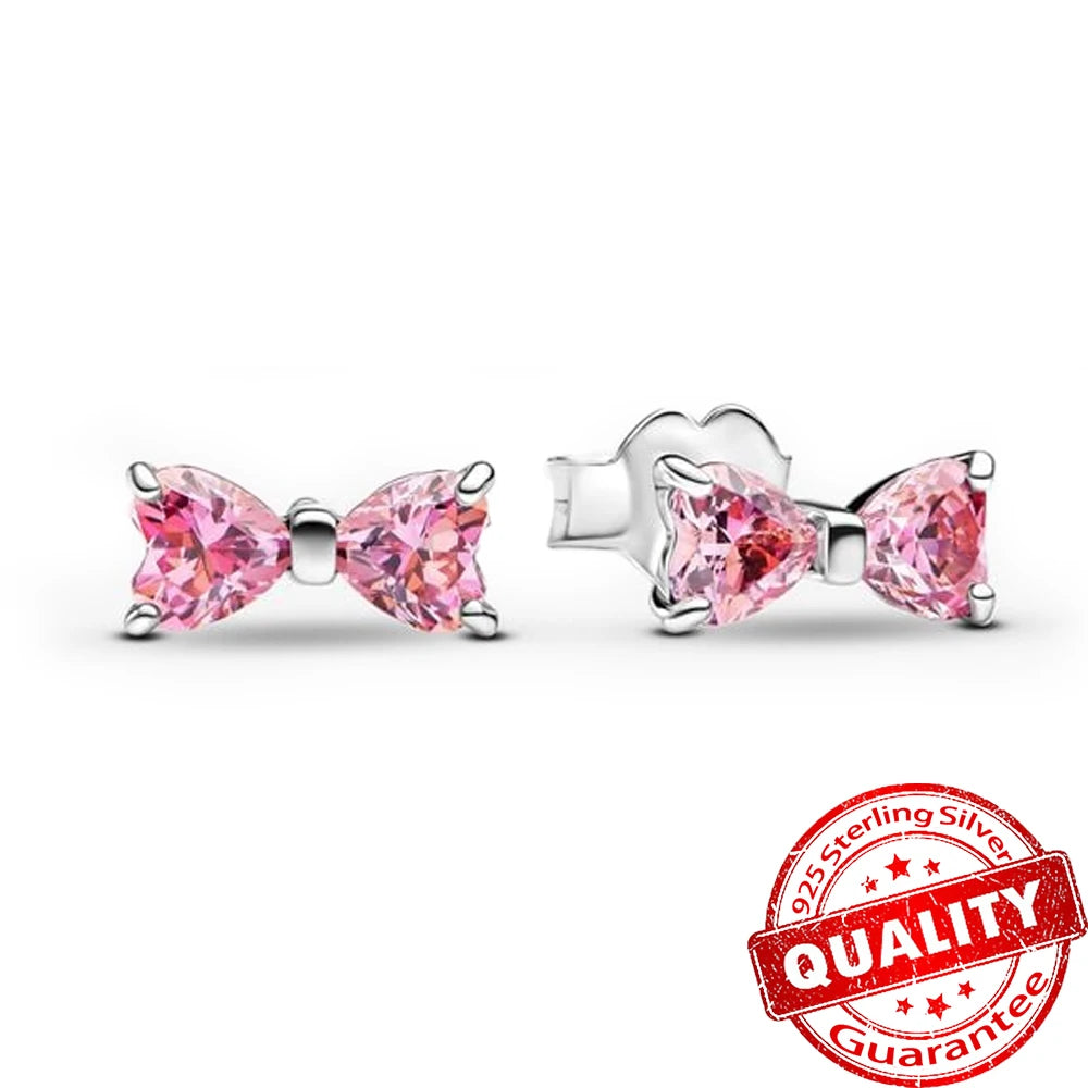 Silver Pink Bow Stud Earrings