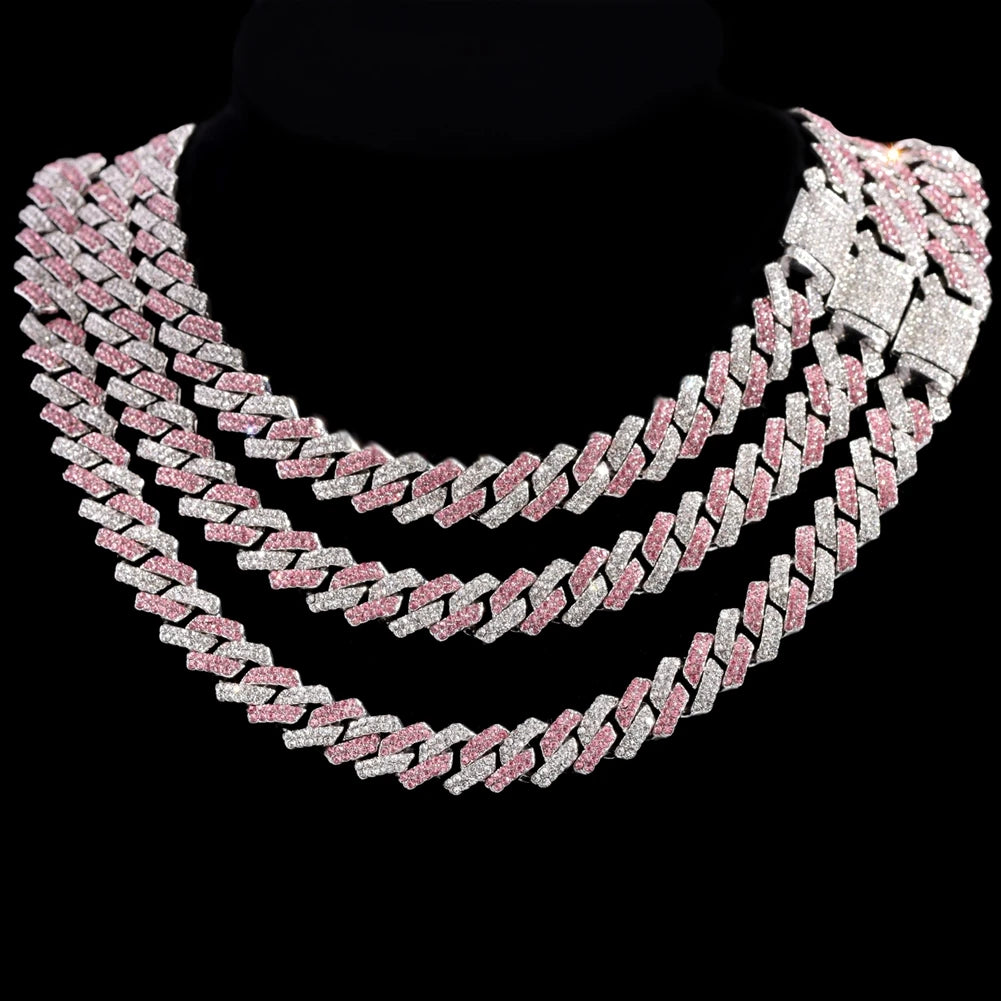 Trendy Pink Rhinestone Prong Cuban Link Chain