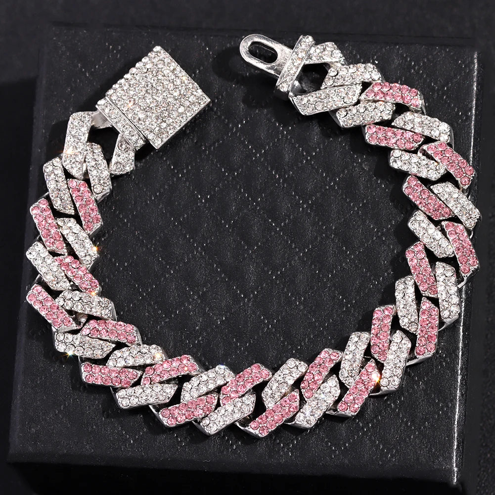 Trendy Pink Rhinestone Prong Cuban Link Chain