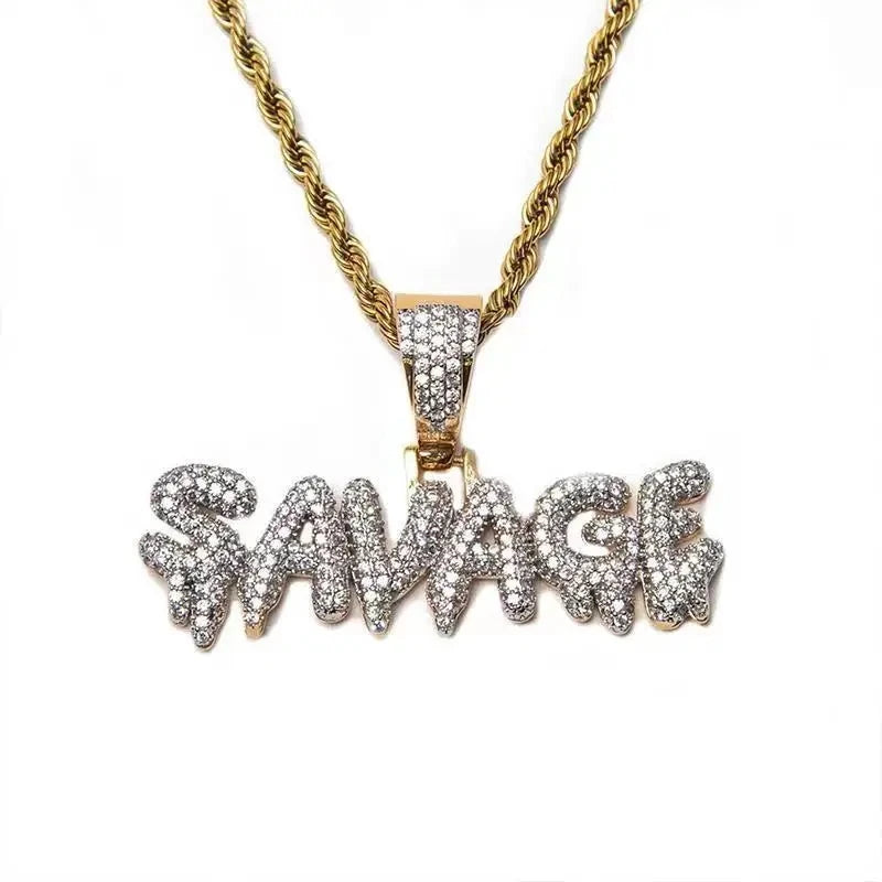 Hip Hop Ice Out Alphabet Savage Pendant Necklace