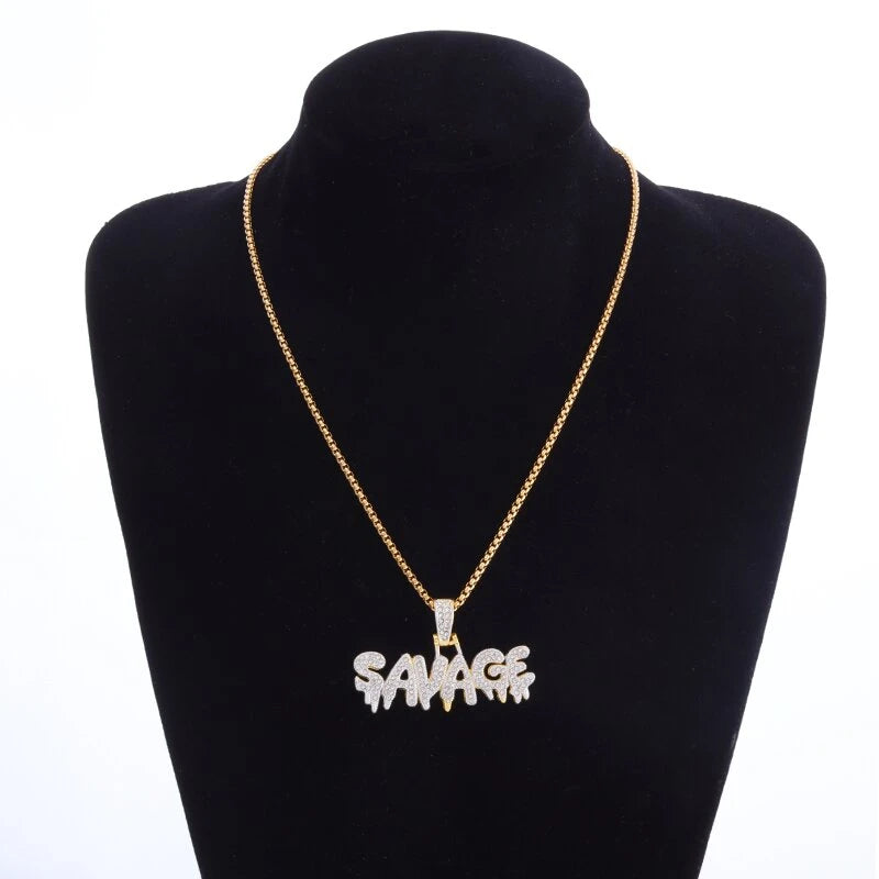 Hip Hop Ice Out Alphabet Savage Pendant Necklace