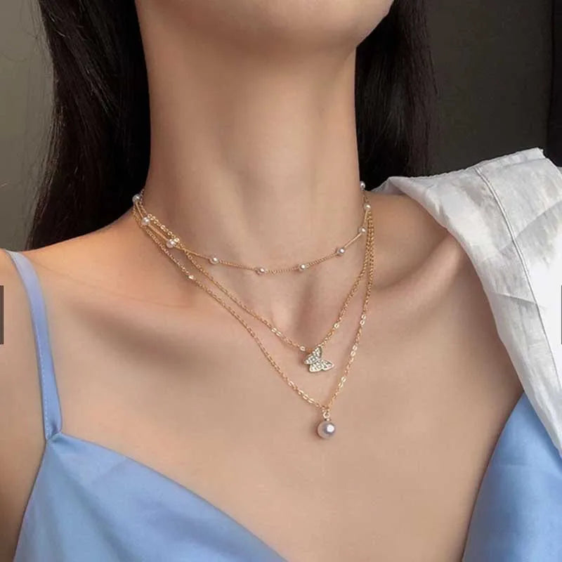 Miami Ice Pearl & Chain Necklace Set - White Gold