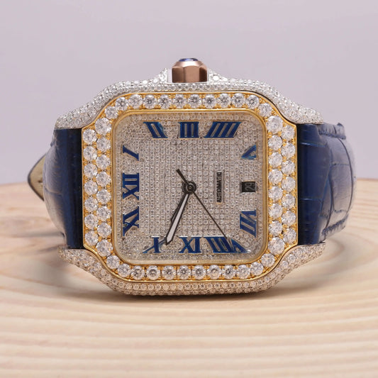 Miami Ice Moissanite Half Iced Brown Croco Leather Band Bezel 9.6ct Watch